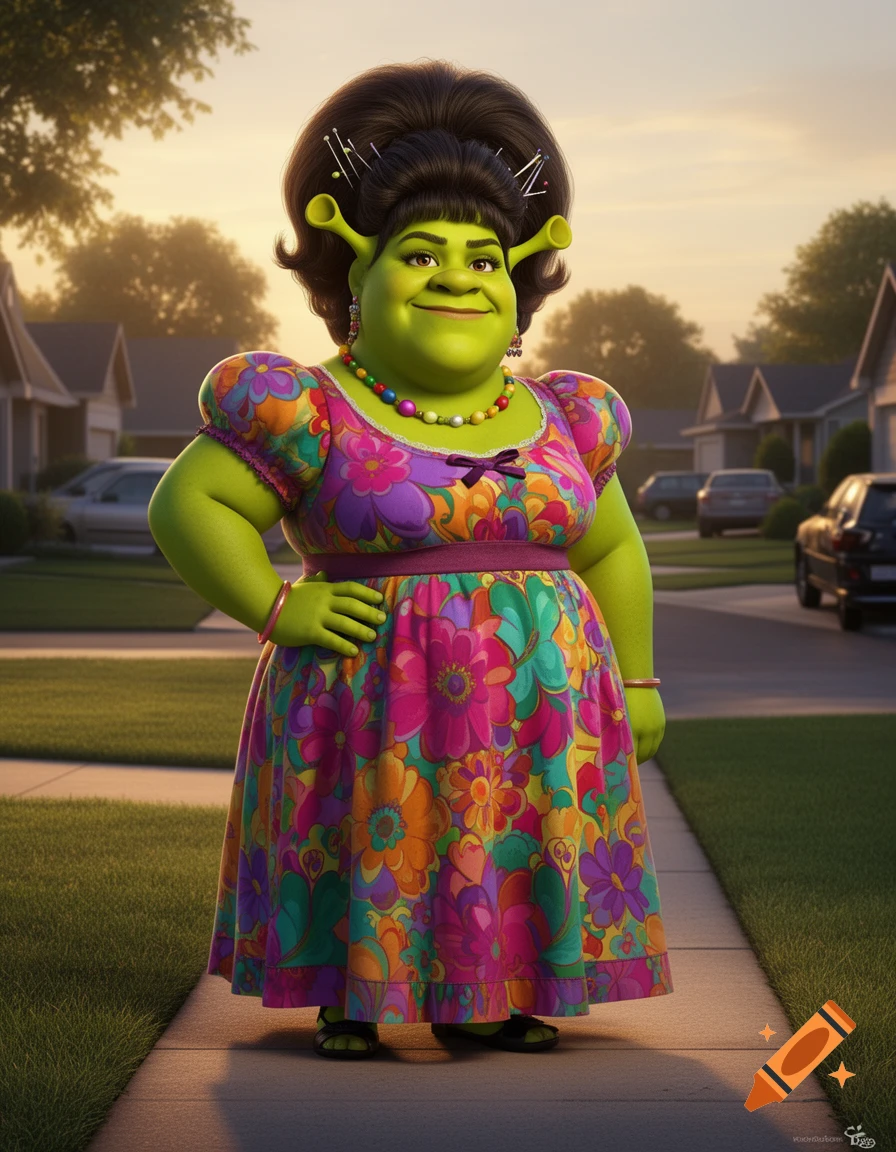 Female Shrek as Rasputia from Norbit, in a vibrant floral dress and beehive hairstyle, stands on a suburban sidewalk.