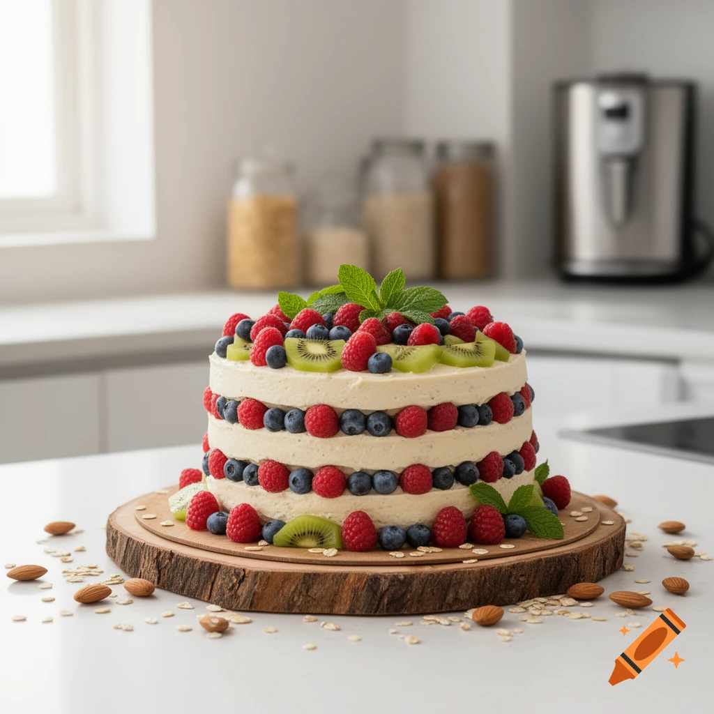 A three-tiered cake topped with raspberries, blueberries, kiwi slices, and mint, on a wooden board in a kitchen.