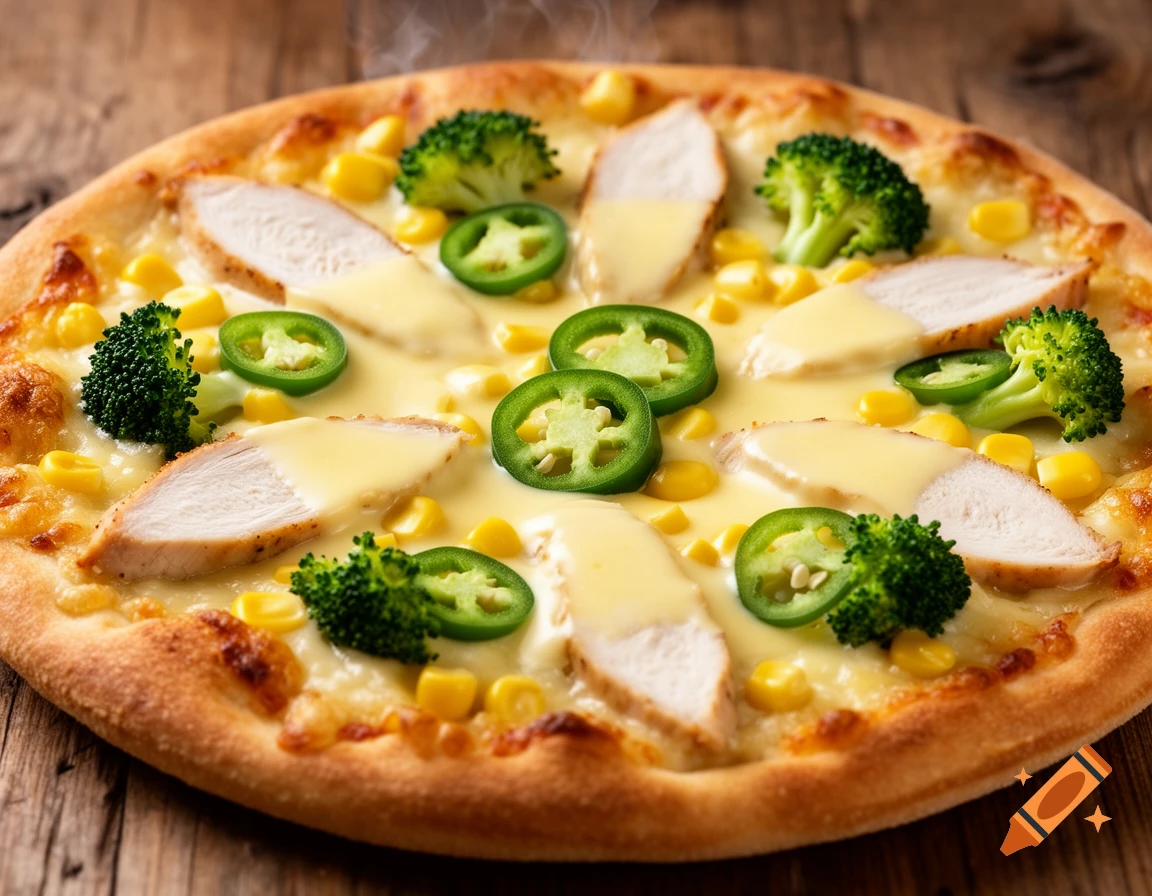 A steaming pizza topped with sliced chicken, broccoli, corn, jalapenos, melted cheese, and creamy sauce on a wooden table.