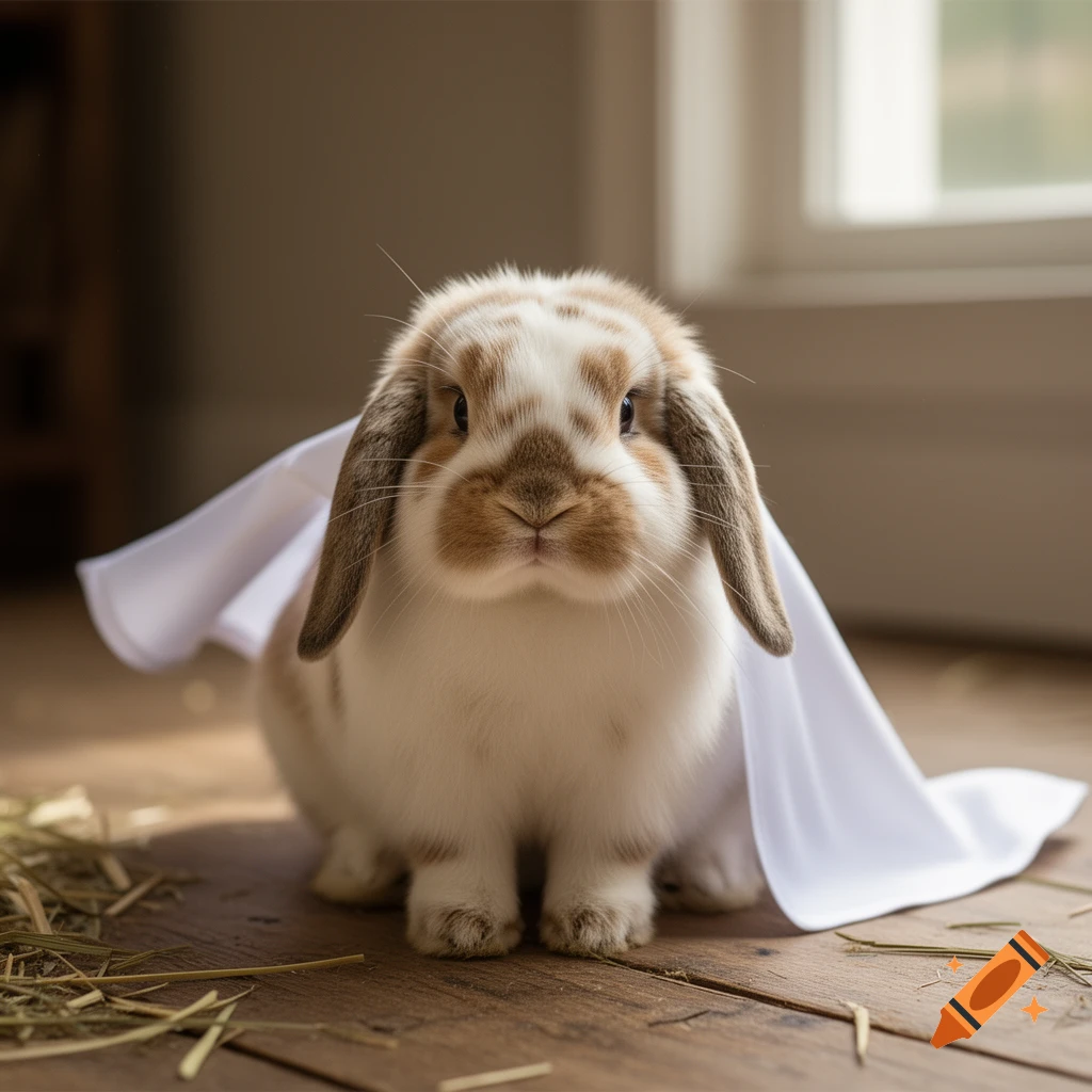 A cute brown and white lop-eared rabbit sits on a wooden floor, wearing a white cape like a superhero.