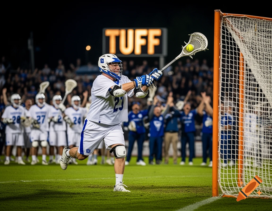A lacrosse player in white and blue uniform with number 23 on the field, about to shoot, with a large scoreboard reading "TUFF" in the background and a crowd cheering.