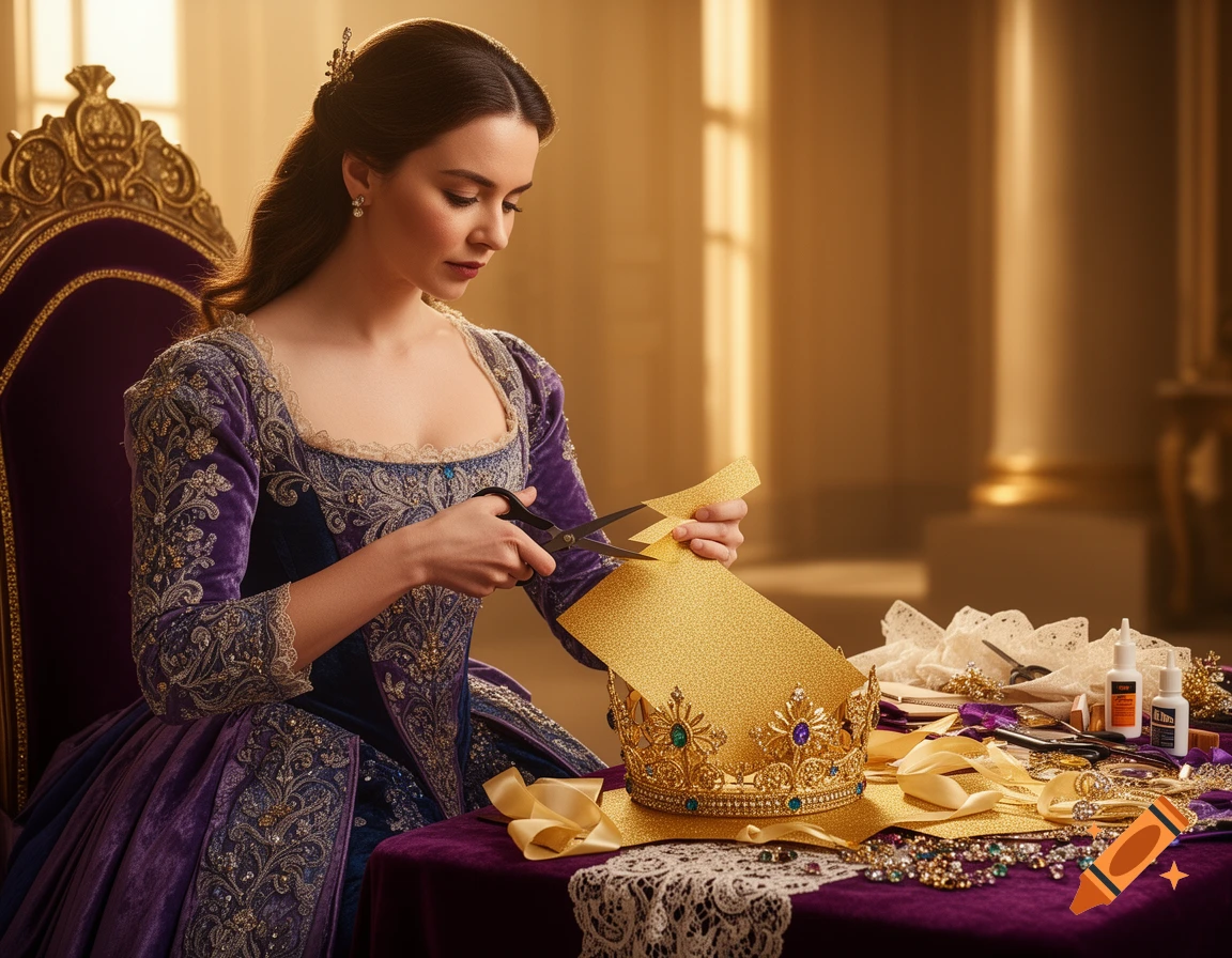 A woman in a lavish purple gown cuts gold paper next to a jeweled crown and crafting supplies on a velvet table.