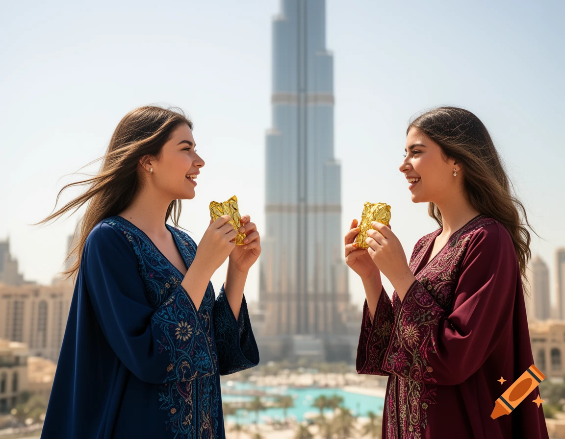 Two smiling women in embroidered traditional dresses hold gold-wrapped chocolates with the Burj Khalifa in the background.