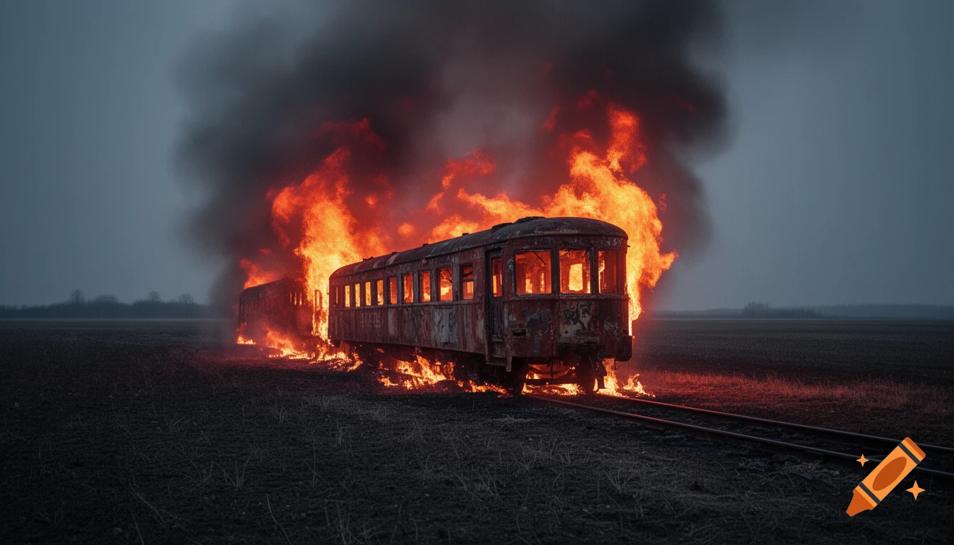 A burning, rusty train car sits on tracks in a dark, desolate field, engulfed in large orange flames and black smoke under a gray sky.