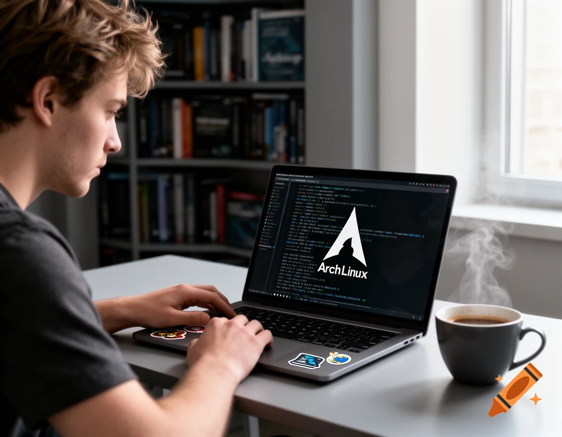 A young man types on a laptop with the Arch Linux logo and code on screen, a steaming coffee next to him.