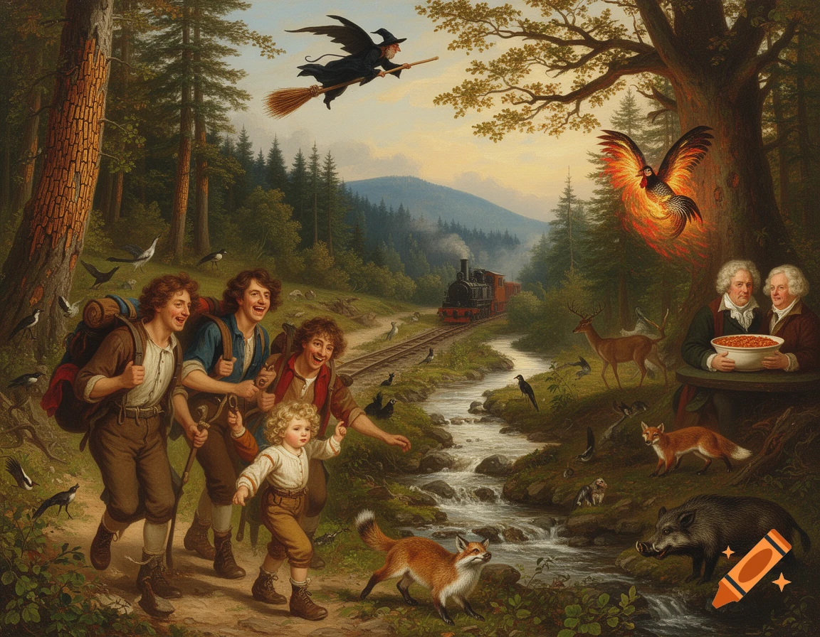 A 19th-century romantic painting of happy hikers and a child in a fantastical forest with animals, a witch, train, and historical figures.