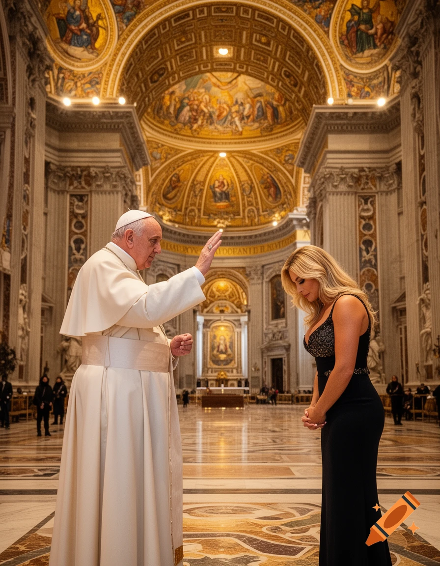 The Pope in white robes blesses Stephanie McMahon, who bows in a black gown, inside the gilded Vatican Basilica.