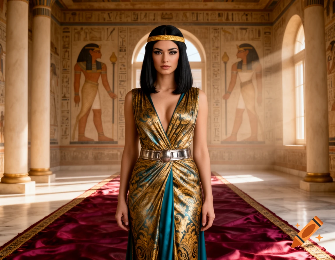 A photorealistic image of a woman dressed as Cleopatra in a golden and teal gown, standing on a red carpet in an ancient Egyptian hall.