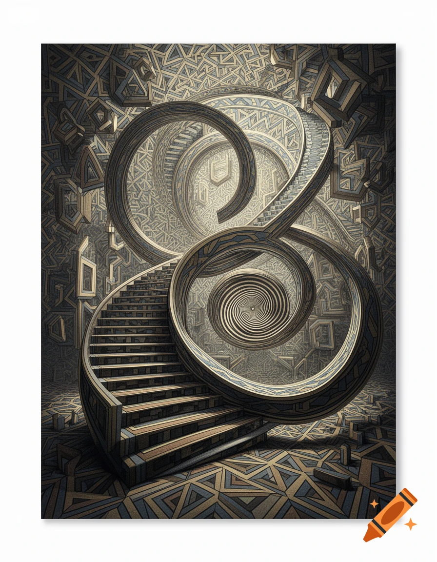 A complex optical illusion featuring an infinite staircase coiling amidst intricate geometric patterns and swirling spirals.