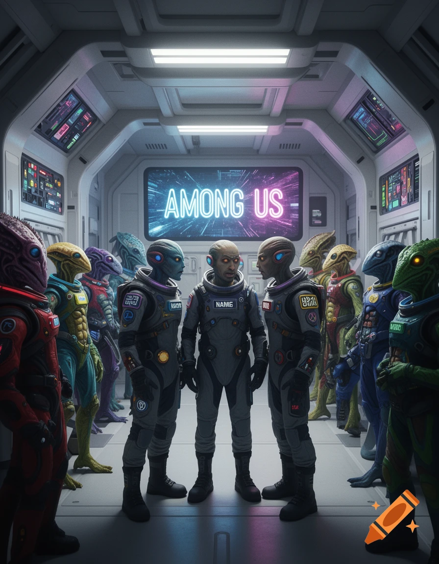 A group of diverse aliens in spacesuits stands in a futuristic spaceship hallway with 'AMONG US' glowing on a central screen. Photorealistic style.