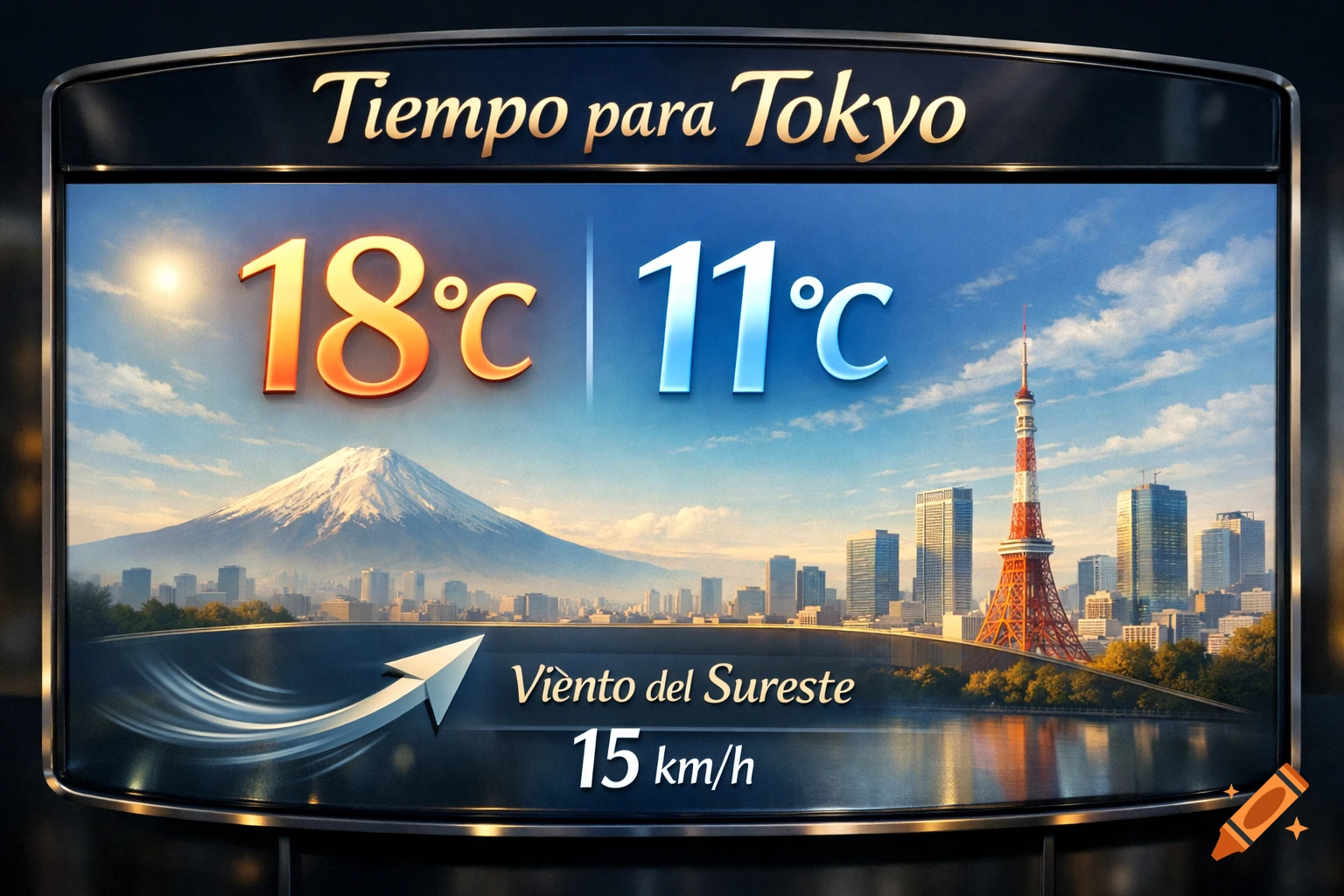 A digital weather board shows Tokyo's 18 Doi C high, 11 Doi C low, and 15 km/h southeast wind, above a scenic view of Mount Fuji, Tokyo Tower, and a cityscape.