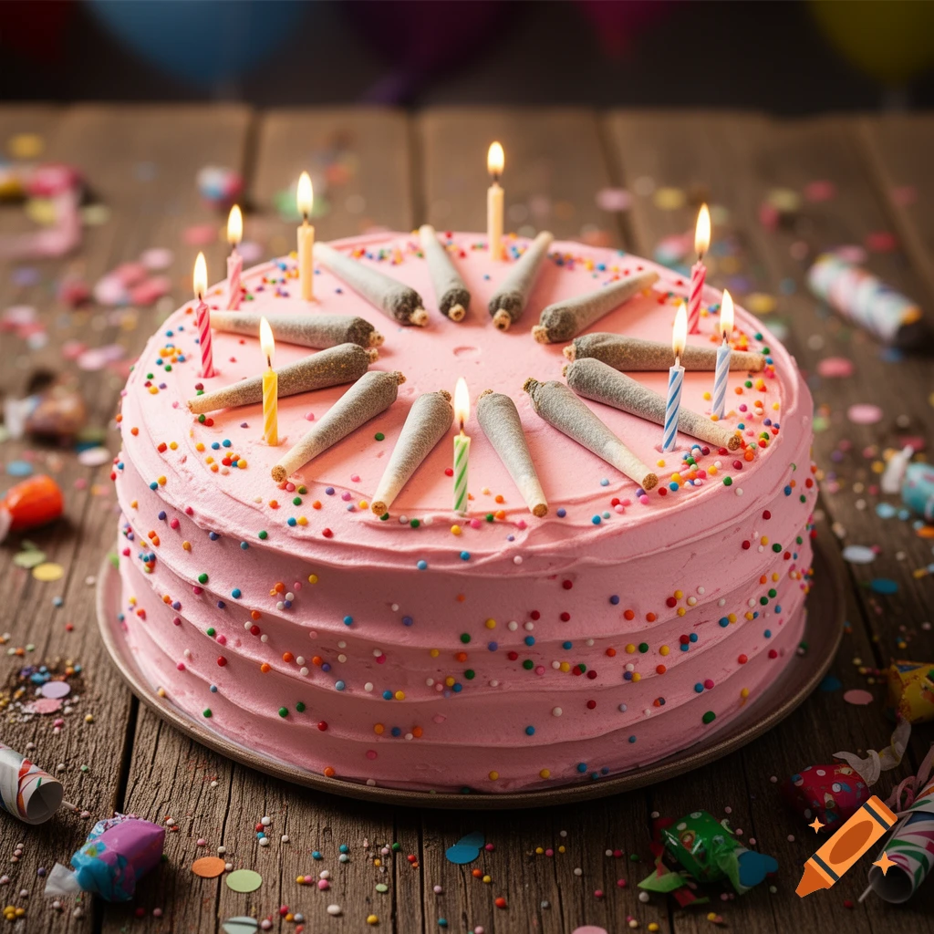 A pink frosted birthday cake covered in sprinkles, decorated with burning candles and several lit marijuana joints, on a rustic wooden table scattered with confetti.