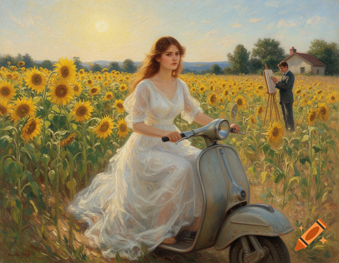 Impressionist oil painting: Young woman on a vintage scooter in a golden sunflower field at sunset. A man paints in the distance.