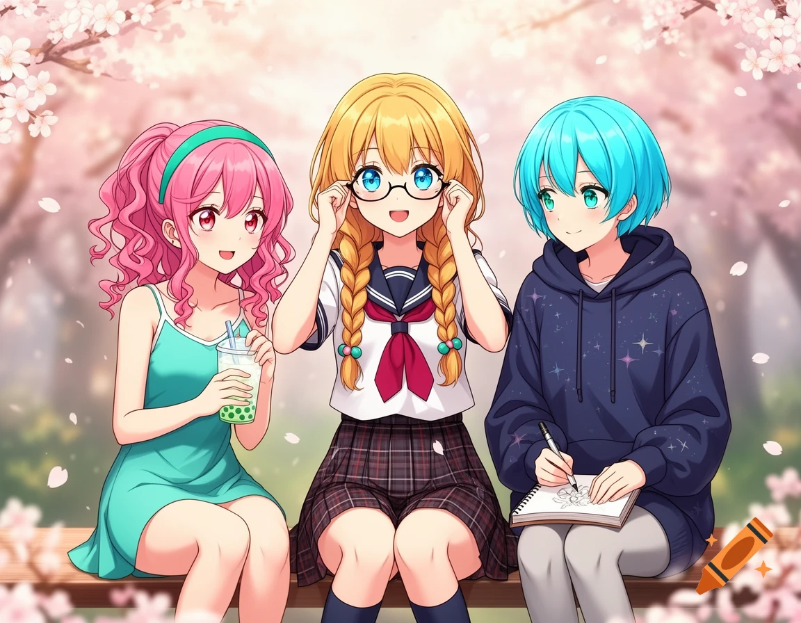 Three anime girls sitting on a bench under cherry blossoms. One drinks boba, one adjusts glasses, and another draws.