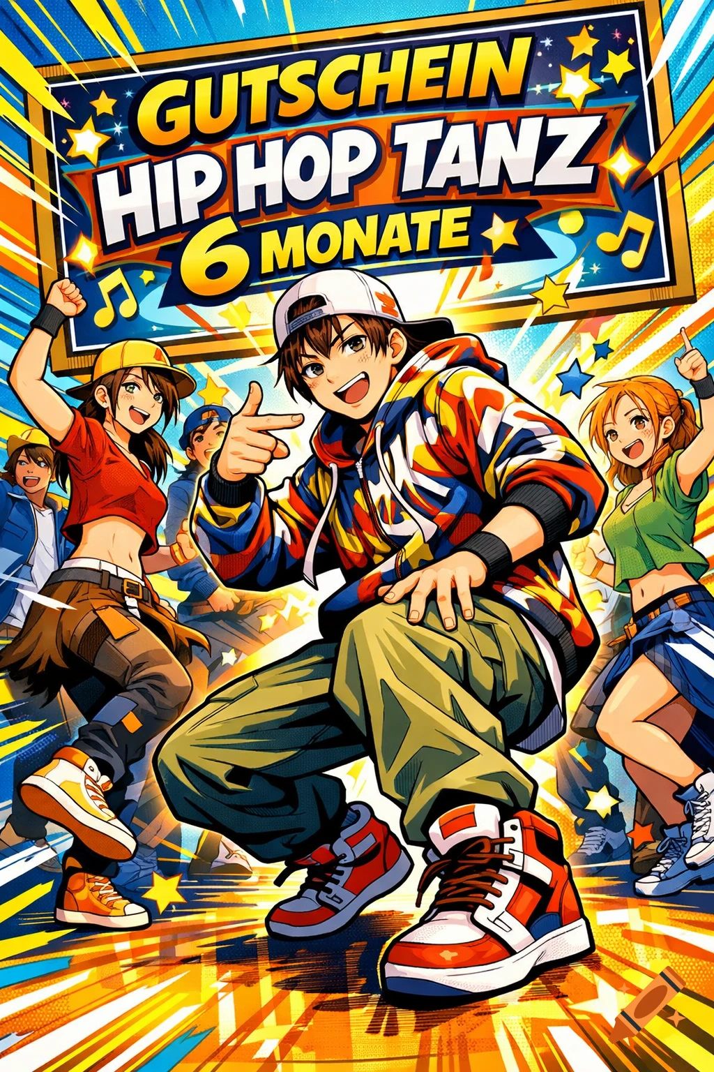 A vibrant anime-style poster featuring a group of diverse young people hip hop dancing, with a large sign overhead reading "GUTSCHEIN HIP HOP TANZ 6 MONATE" (Voucher Hip Hop Dance 6 Months).