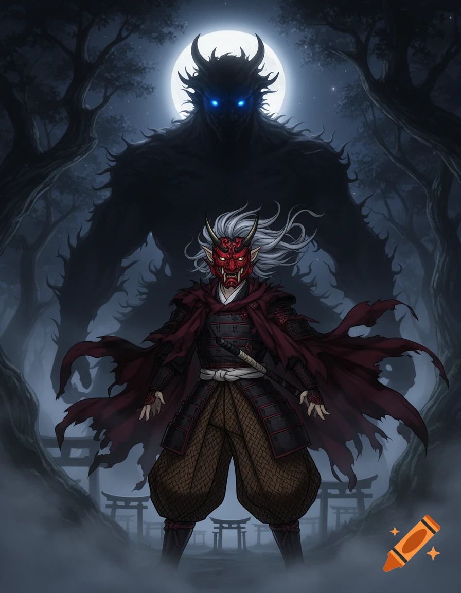 An anime-style warrior in a red Oni mask and armor stands before a giant, shadowy monster with glowing blue eyes, in a misty forest with Torii gates under a full moon.