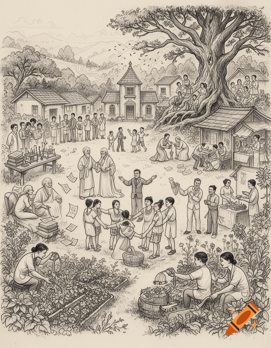 An intricate ink drawing depicting a bustling village scene with numerous people engaged in various community activities like gardening, learning, trading, and socializing.