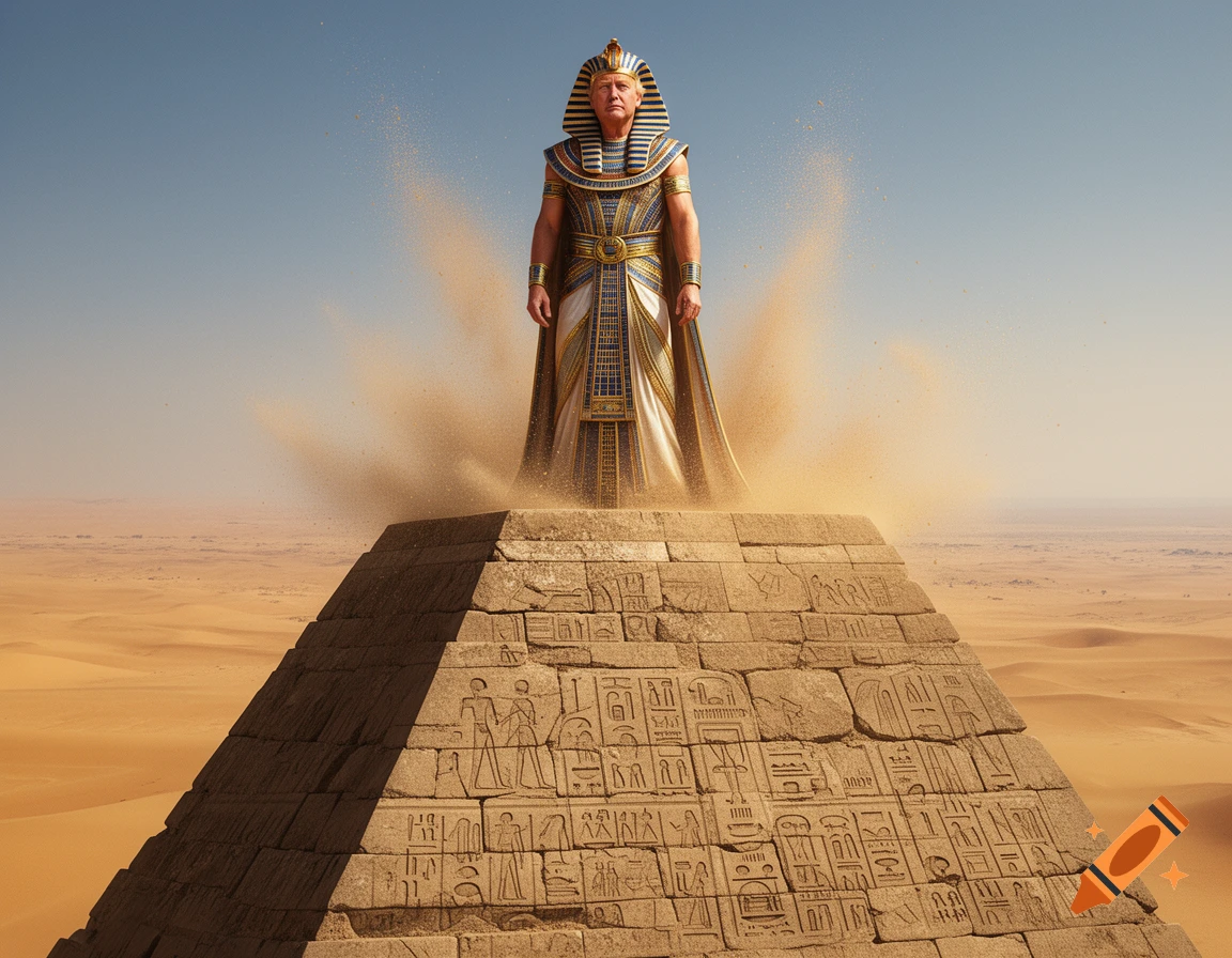 Donald Trump, dressed as a pharaoh in ornate blue and gold attire, stands atop a stone pyramid covered in hieroglyphs, amidst a vast desert with sand swirling around him. Photorealistic style.