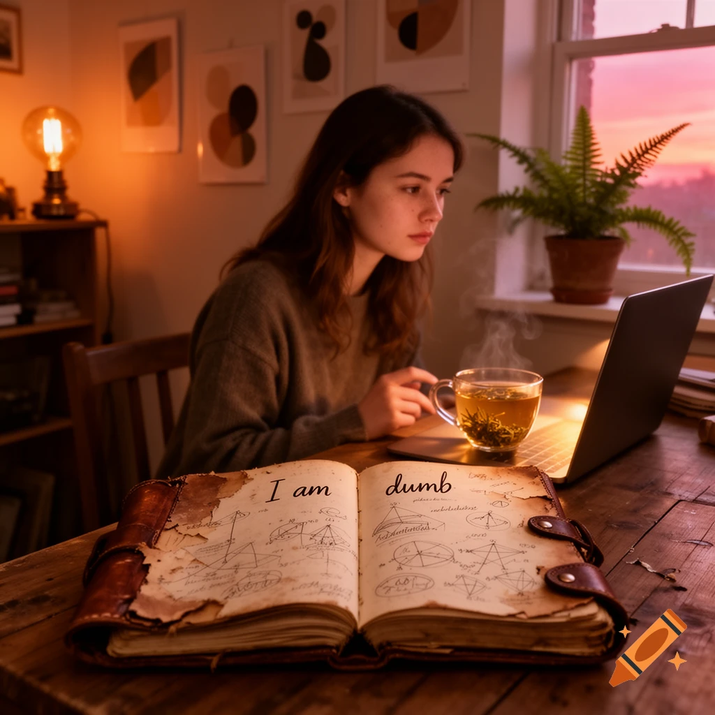 A young woman sits at a wooden desk with a laptop and a steaming cup of tea, looking at an open book that reads "I am dumb" in a warmly lit room during sunset.