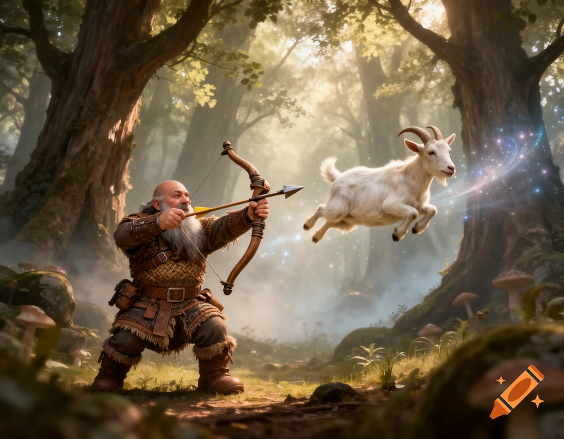 A bearded fantasy dwarf aims a bow while a magical white goat levitates like an arrow in an enchanted forest.
