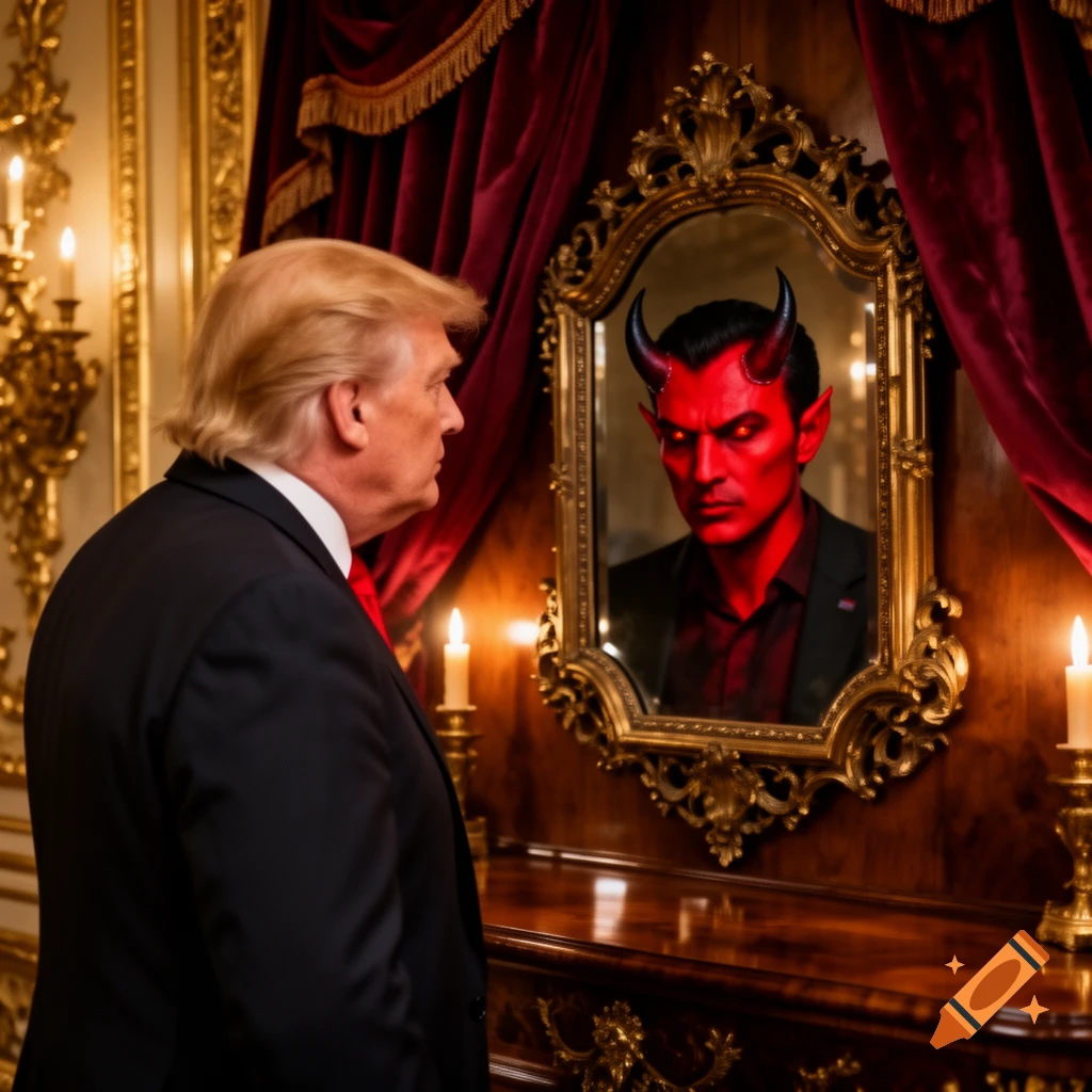 Donald Trump in a suit looking into an ornate mirror, seeing his reflection as a red-skinned devil with horns in a lavish room.