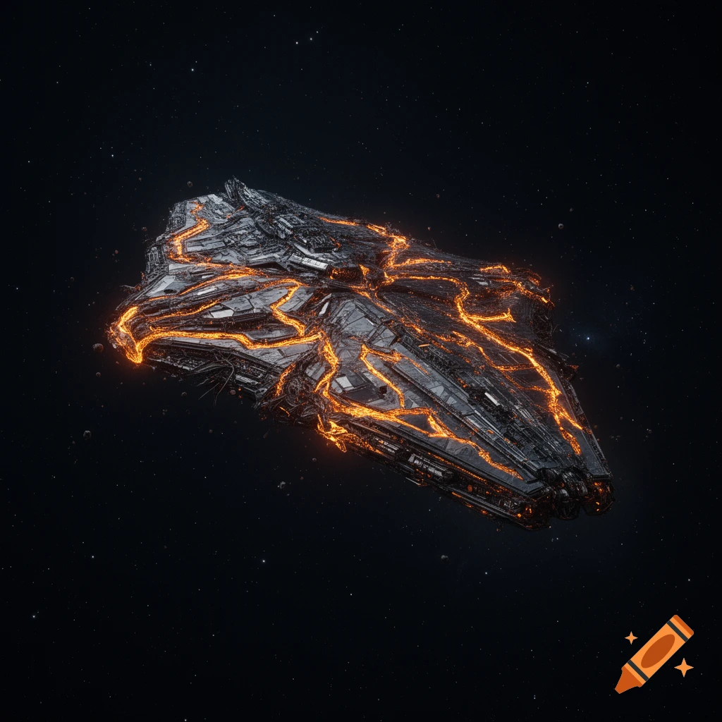 A heavily damaged, dark metallic spaceship with glowing orange and yellow cracks drifts through deep space, surrounded by stars.