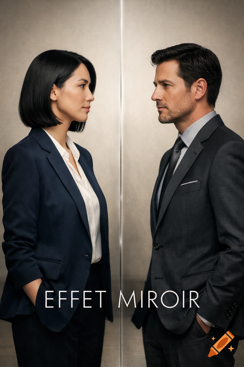 A photorealistic movie poster featuring a man and woman in business attire looking at each other across a mirrored surface with the text 'EFFET MIROIR'.