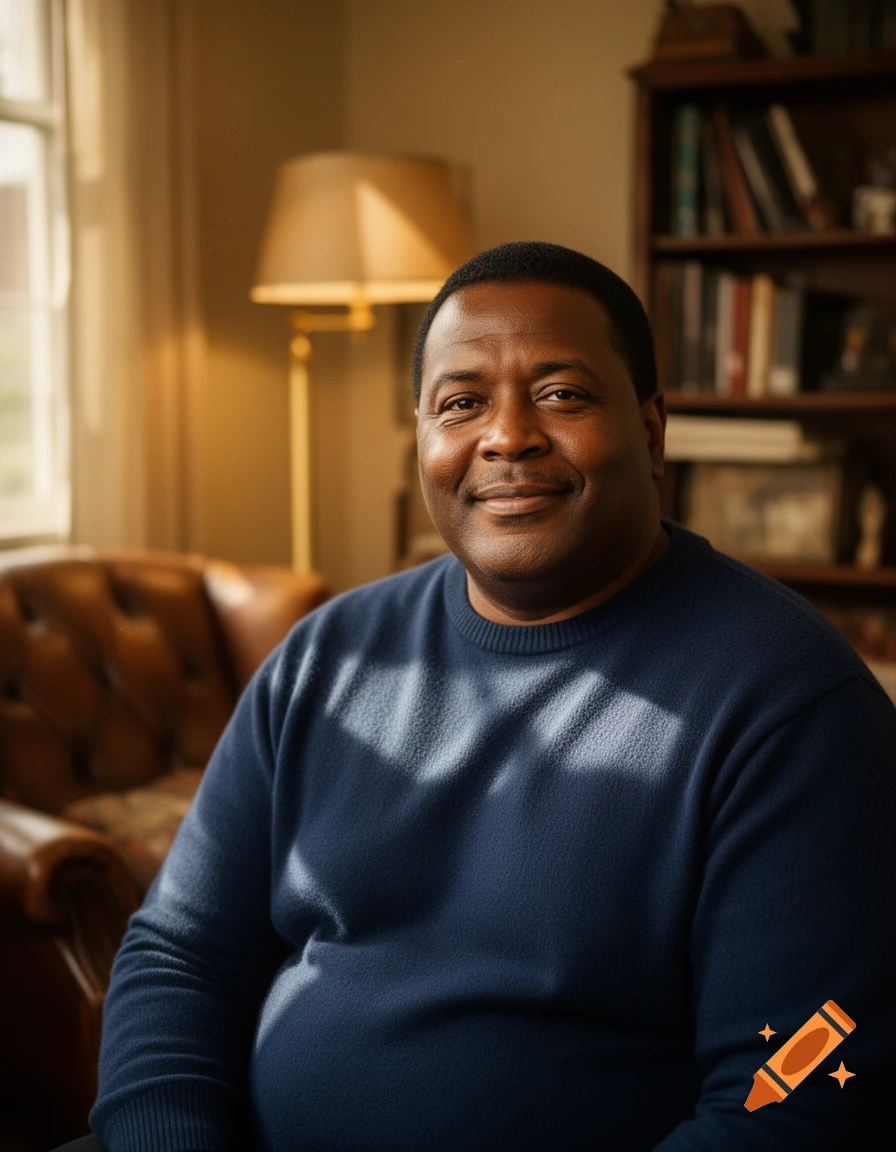 Photorealistic portrait of a smiling man in a blue sweater sitting in a sunlit room with a bookshelf and lamp.