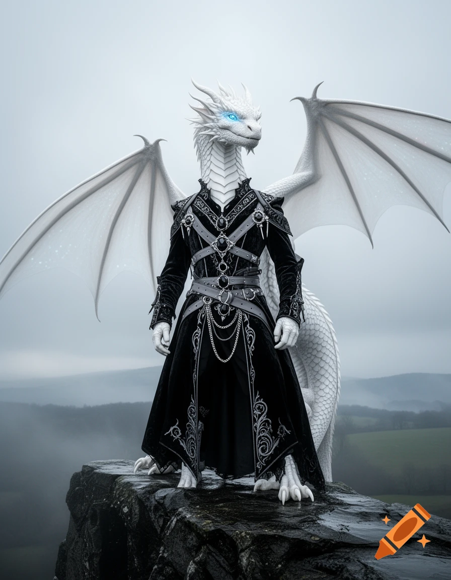 A photorealistic white dragon-humanoid with glowing blue eyes, wearing ...