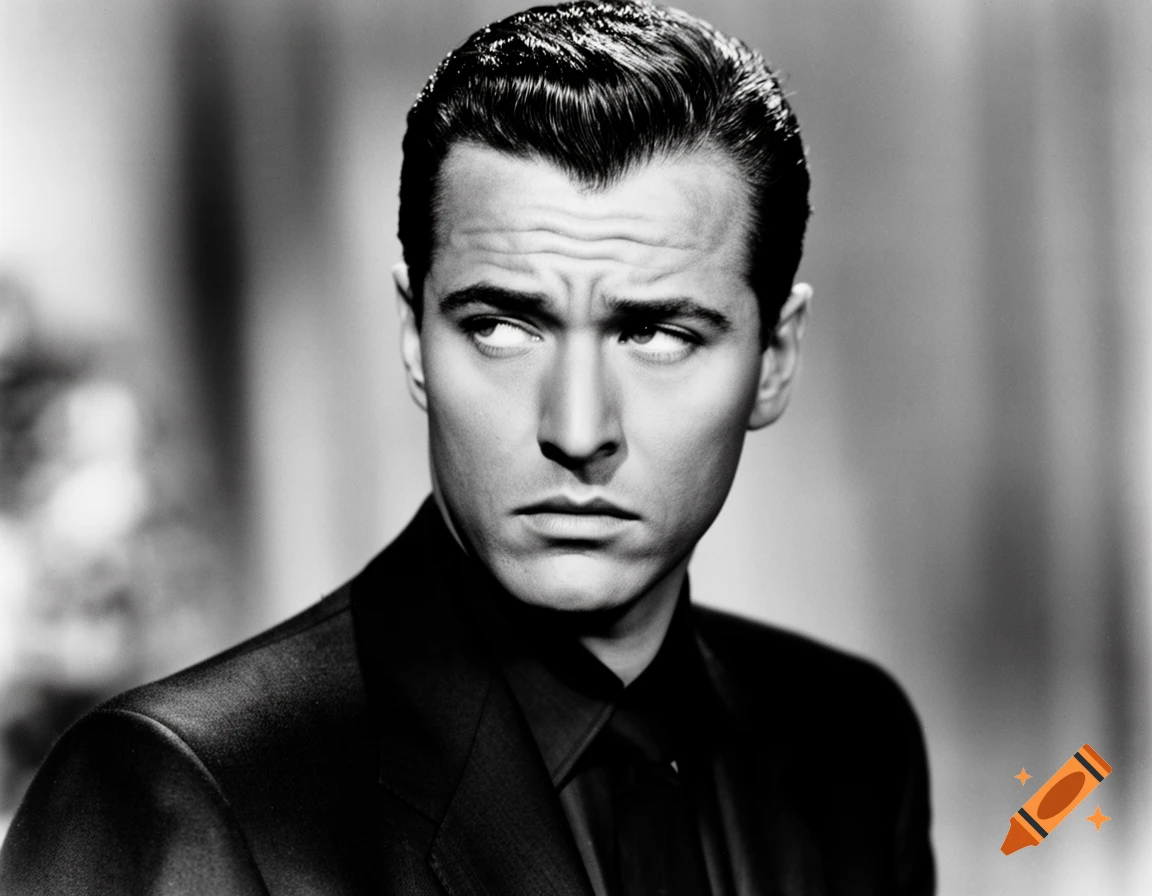 Black and white portrait of a man with dark hair in a suit, looking to the side with a furrowed brow.