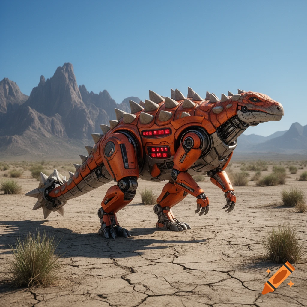 An orange and grey robot ankylosaurus with spikes and a spiky tail stands in a vast desert landscape with mountains under a clear blue sky.