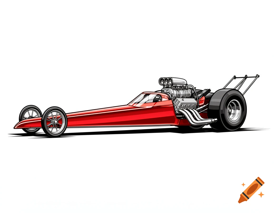 Red front-engine dragster with a powerful exposed engine, in a clean vector art style.