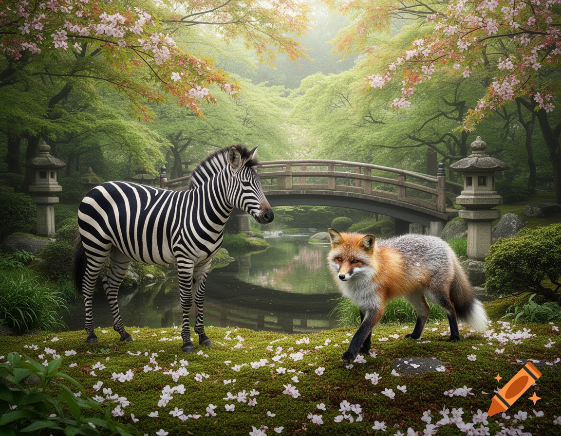 A zebra and a fox stand on a mossy ground scattered with cherry blossoms in a lush Japanese garden with a bridge over a pond.