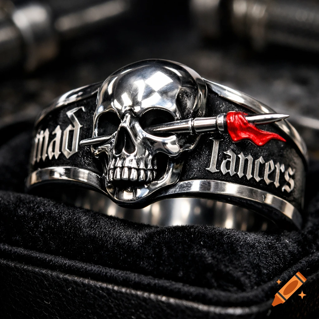 A close-up of a detailed silver ring featuring a skull with a lance through its eye, flanked by 'mad' and 'Lancers' text, resting on black velvet.