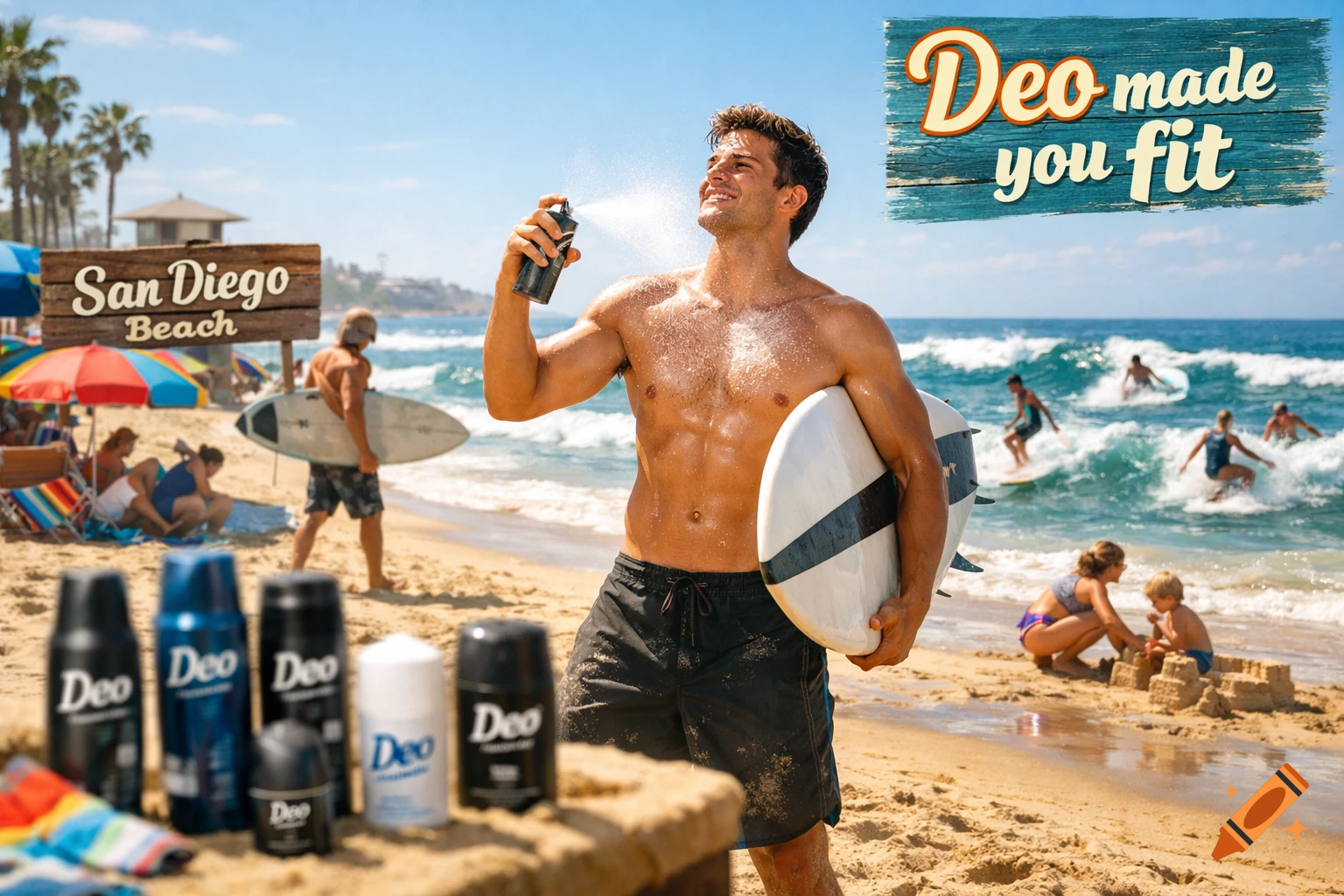 Photorealistic image of a muscular man spraying deodorant on a sunny San Diego beach, holding a surfboard. Surfers are in the background, and "Deo made you fit" text is visible. Deodorant bottles are in the blurred foreground.