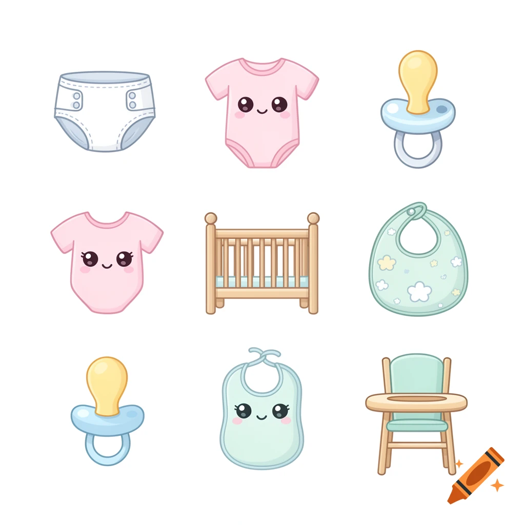 Grid of nine kawaii pastel baby item illustrations: a diaper, two onesies, two pacifiers, a crib, two bibs, and a high chair.