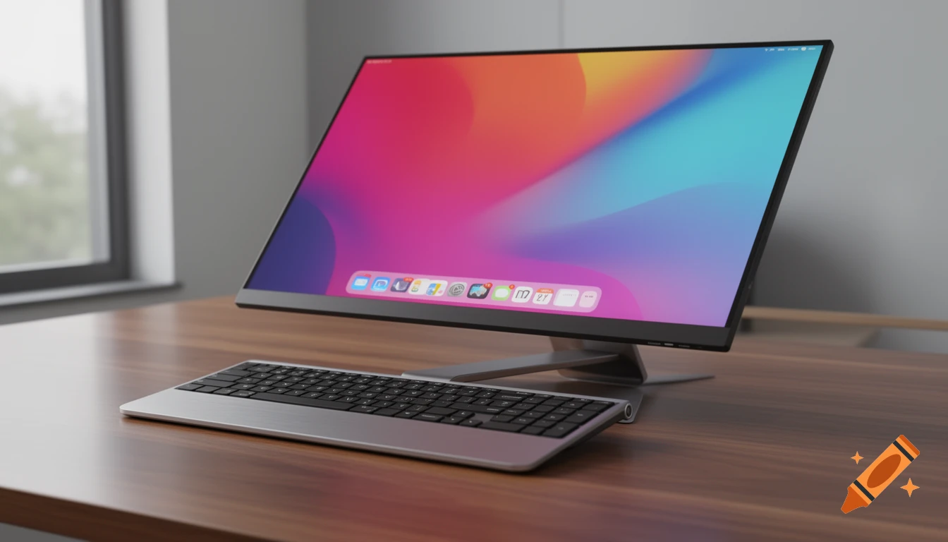 A sleek computer monitor displaying a vibrant abstract wallpaper, with a silver keyboard on a wooden desk. A window is in the background.