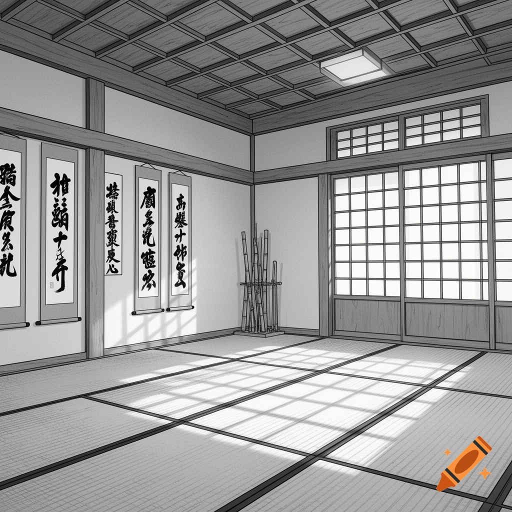 A black and white manga line drawing of a traditional Japanese dojo interior with tatami mats, wall scrolls, and shoji screens.