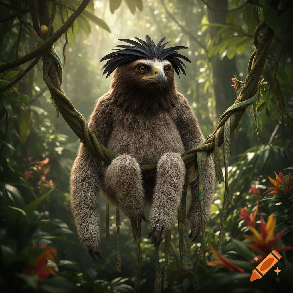 A brown, furry, sloth-like creature with an eagle's face and a spiky black crest sits on a vine in a lush, green jungle.