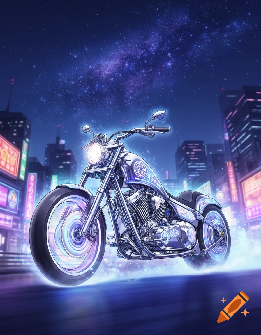 Anime-style magic chopper motorcycle floats on a city street at night under a cosmic starry sky, glowing with purple and blue light.