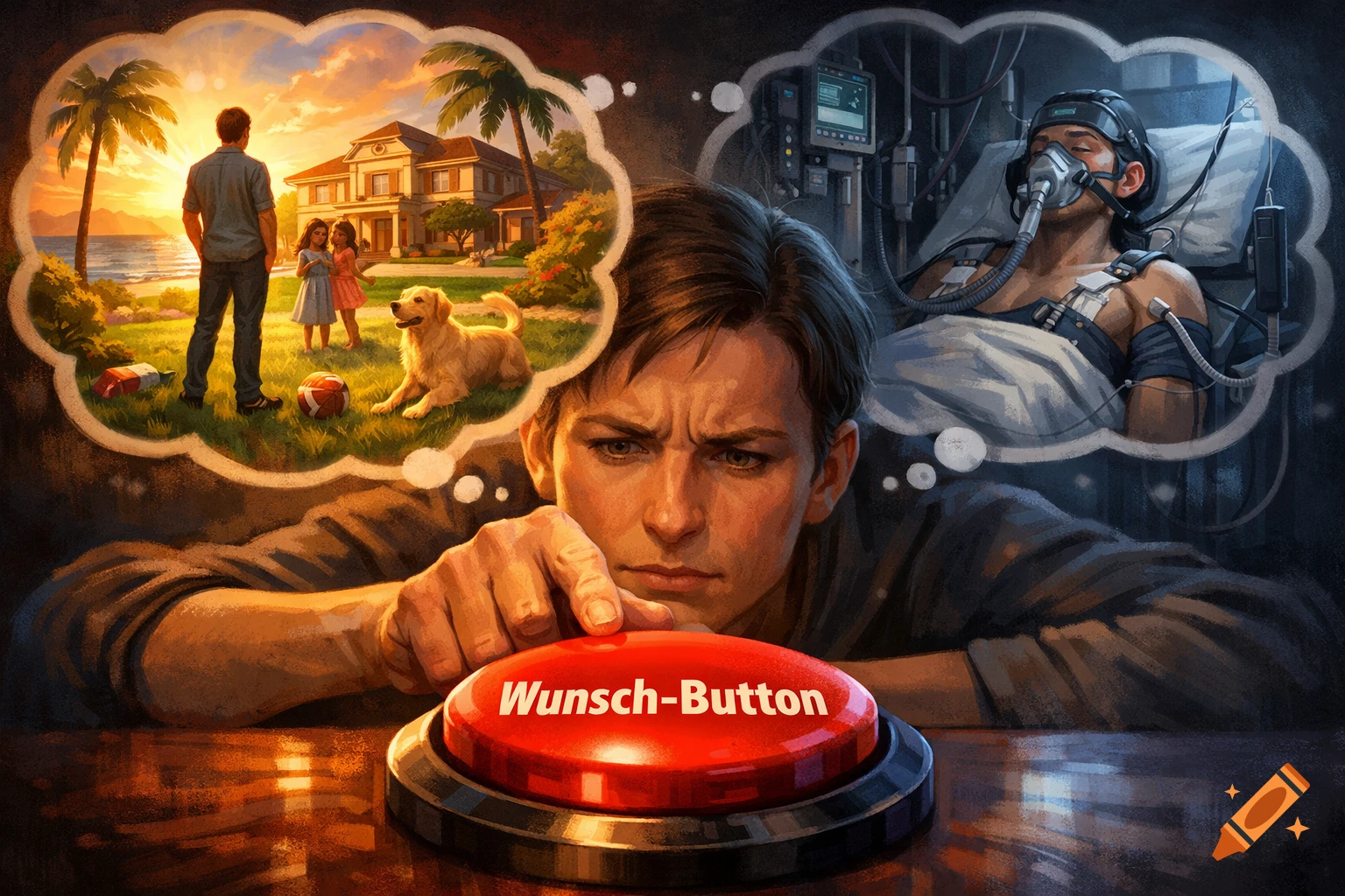 A man contemplates pressing a red 'Wunsch-Button' (Wish-Button), with thought bubbles showing an ideal life and a hospital bed.