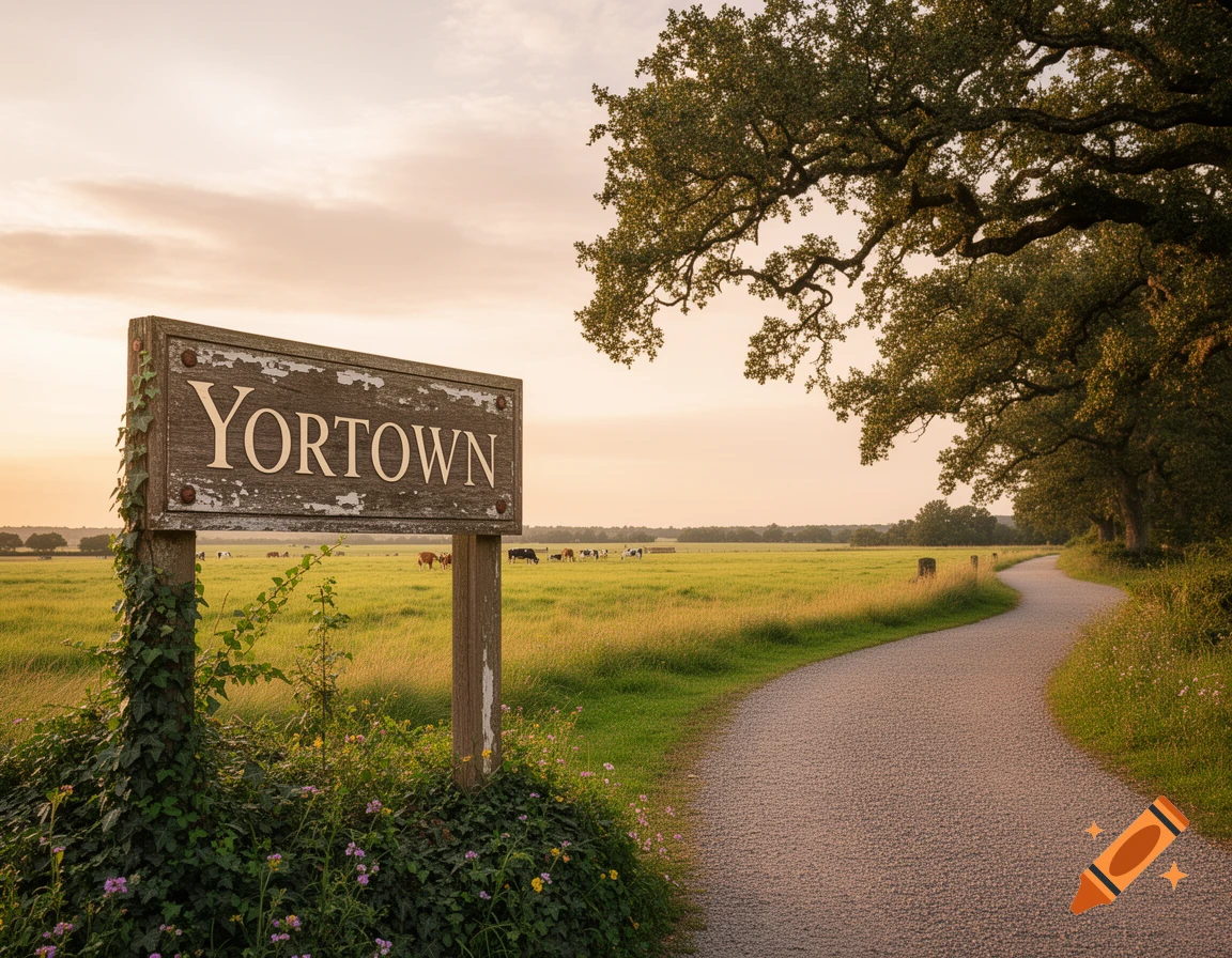 Photorealistic image of a wooden 'YORTOWN' sign beside a winding path through a green countryside with fields and trees.