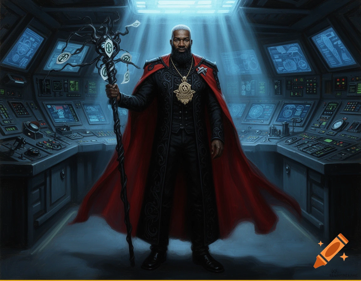 Oil painting of an African American man in a red cloak holding a staff, standing on a futuristic command deck with glowing screens.