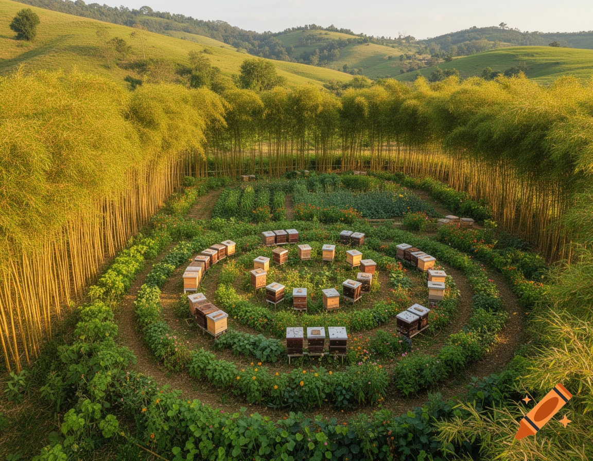 Aerial view of a circular regenerative farm with beehives arranged in concentric rings, bordered by tall bamboo trees and rolling green hills under warm sunlight.