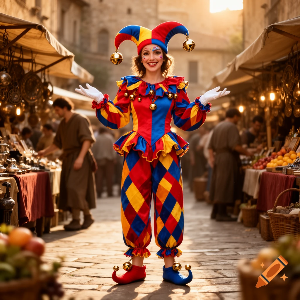 A smiling woman in a colorful jester costume stands with arms outstretched in a bustling, sunny outdoor market.