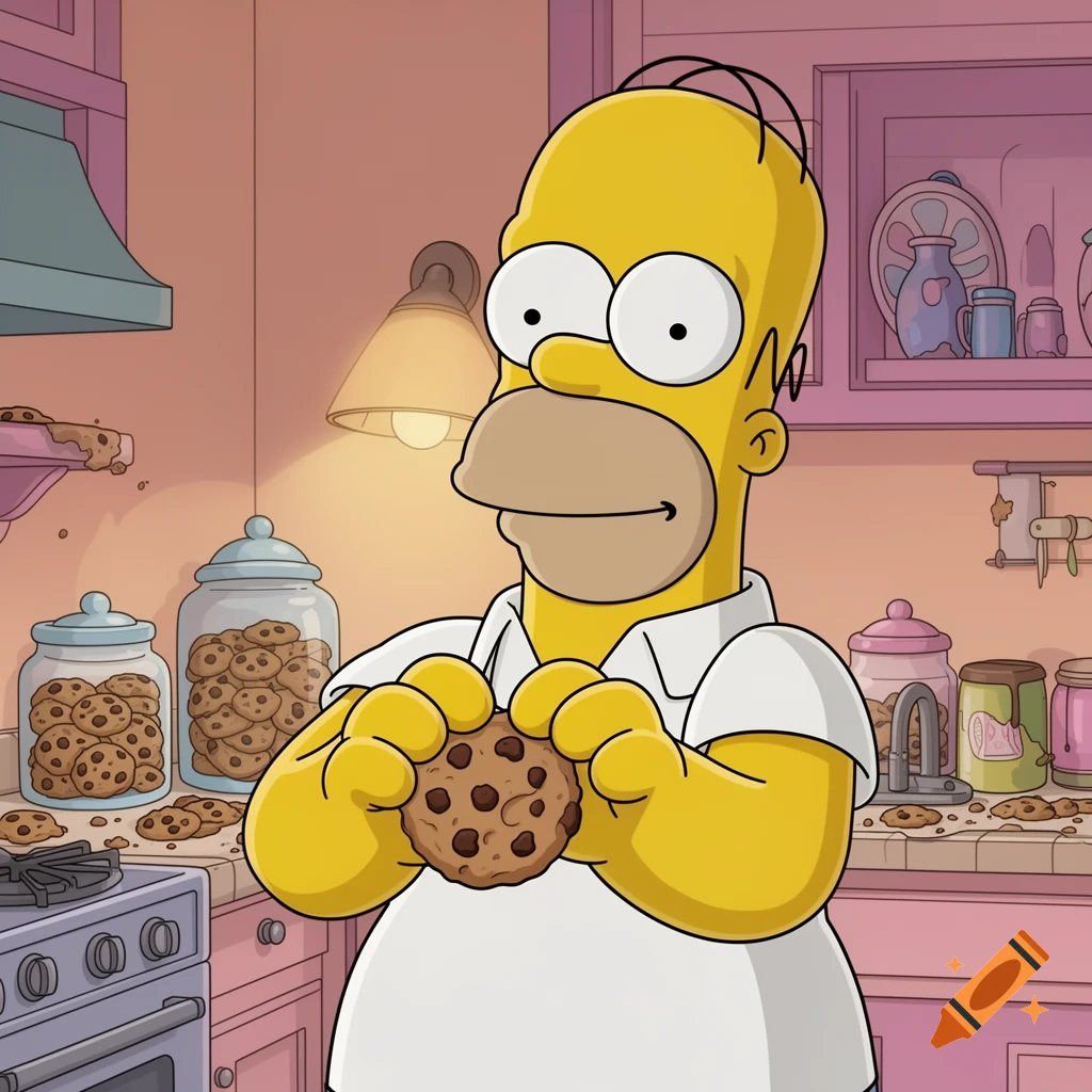 Homer Simpson holds a chocolate chip cookie in a colorful kitchen filled with cookie jars, in a cartoon style.