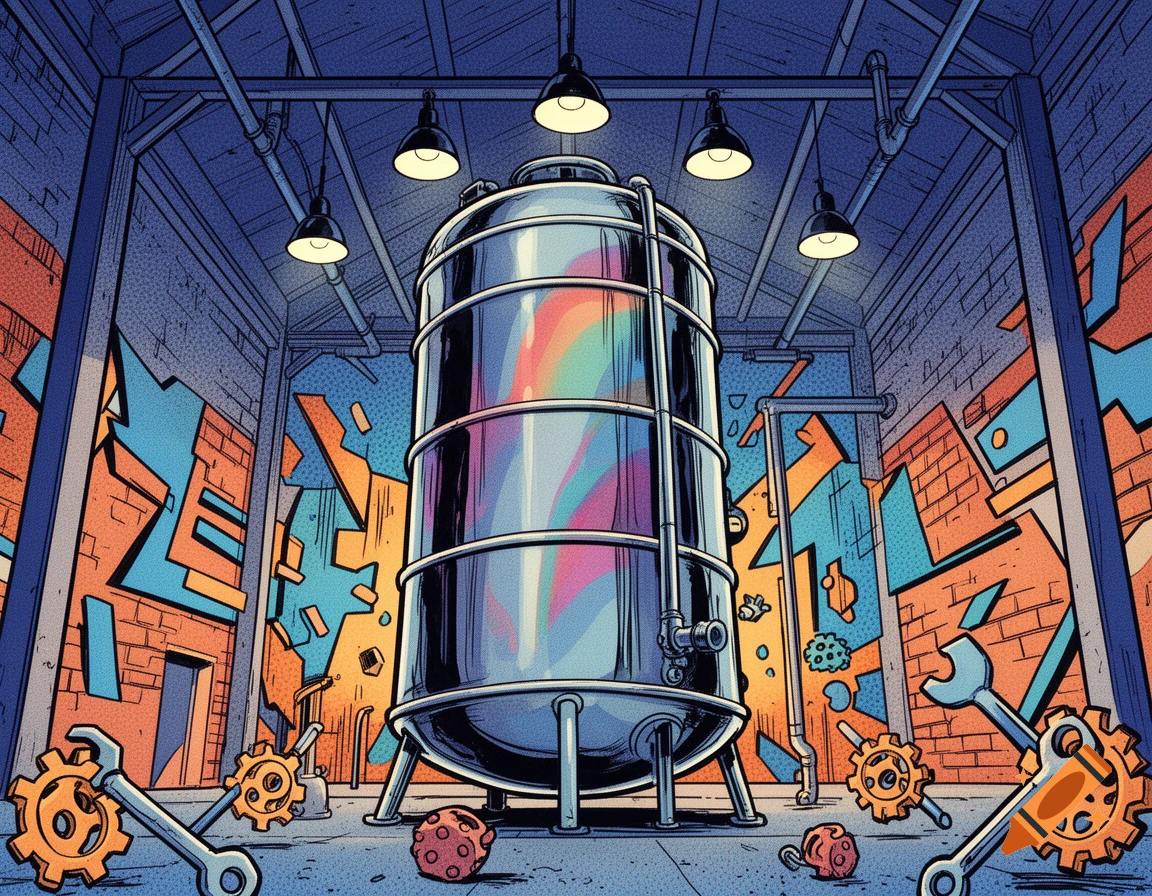 A large, colorful metallic cistern stands in an industrial interior with graffiti walls and scattered gears and wrenches in a comic art style.