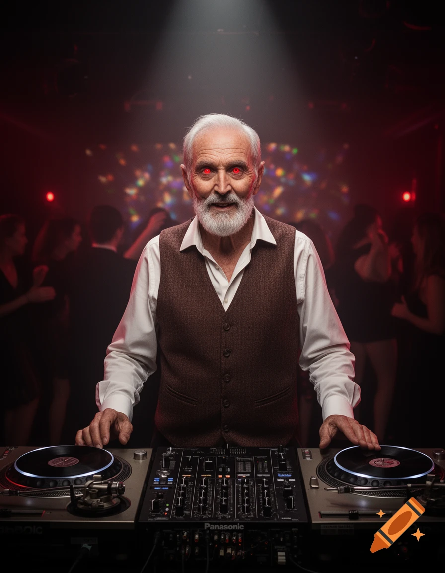 Photorealistic image of an elderly DJ with glowing red eyes standing at turntables in a dimly lit, red nightclub.