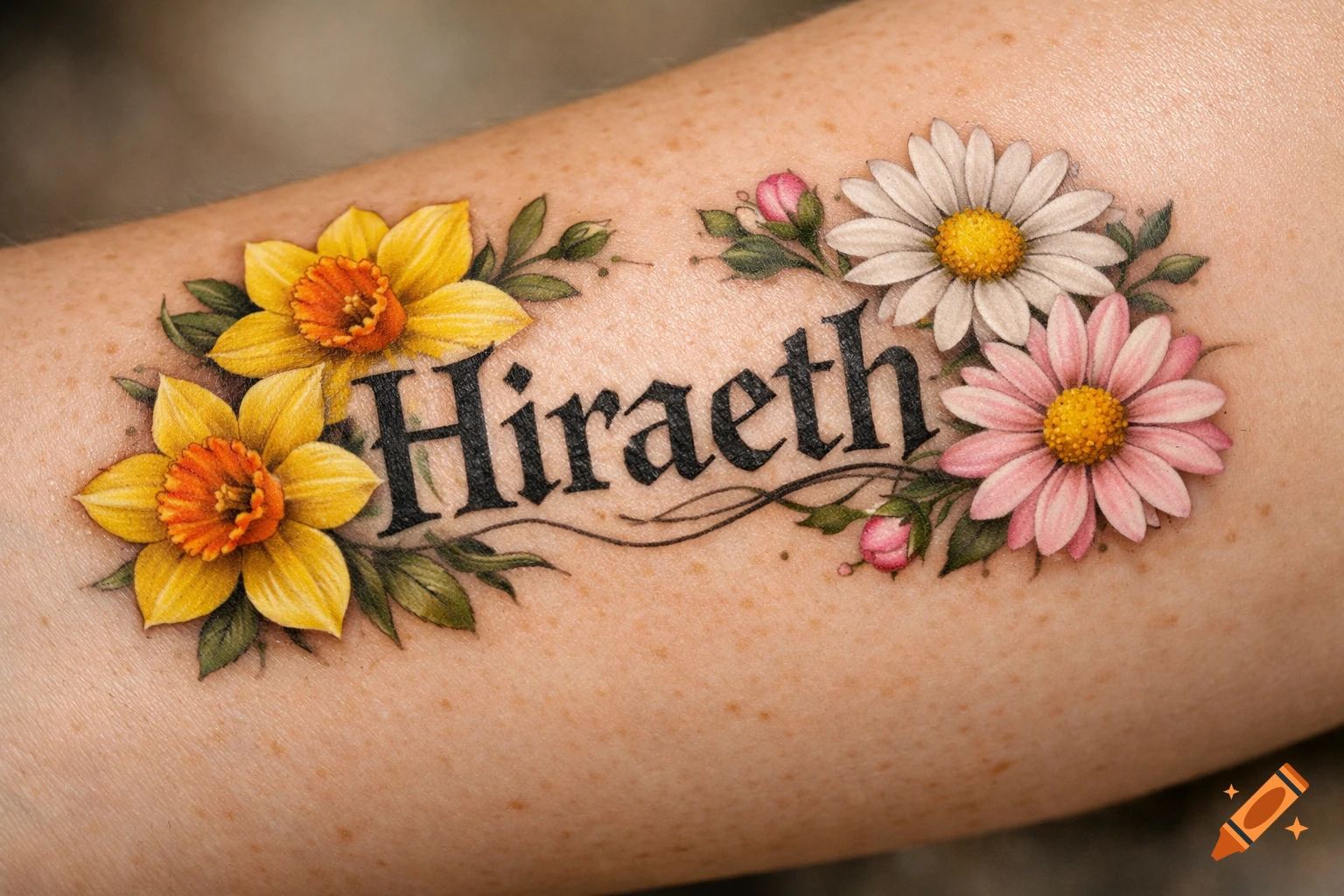 Colorful tattoo of the word "Hiraeth" surrounded by yellow daffodils, pink and white daisies on an arm.