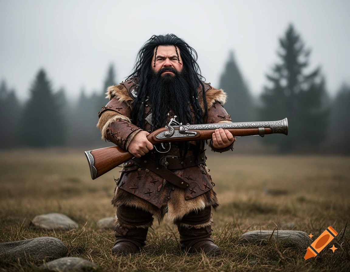 A fantasy dwarf with long black hair and beard, clad in fur-lined hide armor, holds a detailed blunderbuss in a misty field.